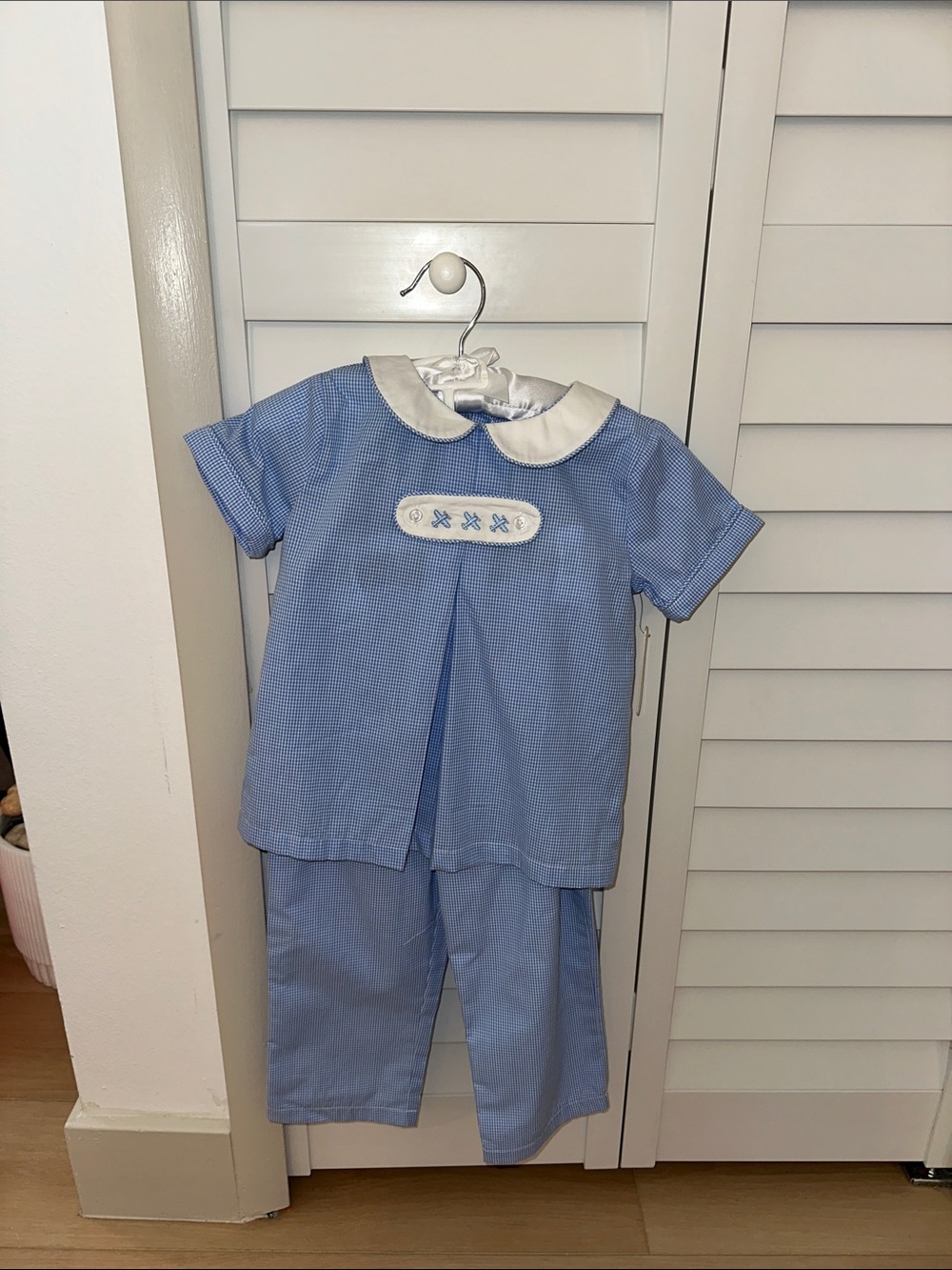 Edgehill Collection Light Blue Gingham Peter Pan Collar Pajama Set